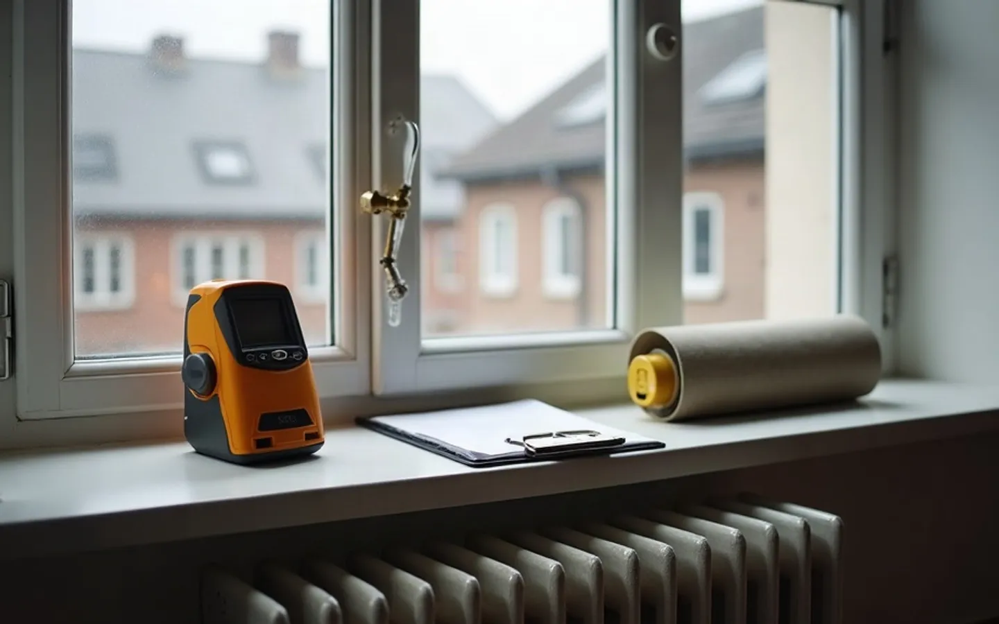 Rij oudere Nederlandse bakstenen rijtjeswoningen in ochtendlicht, waarvan één gevel nieuwe dubbelglasramen heeft en de buren nog oude enkelglaskozijnen.