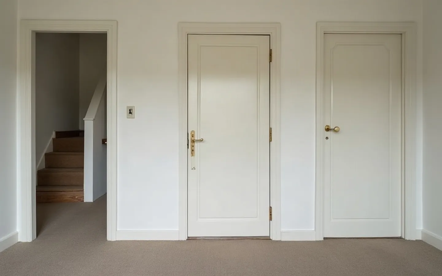 Overloop met twee gesloten kamerdeuren en een doorgang naar het trappenhuis