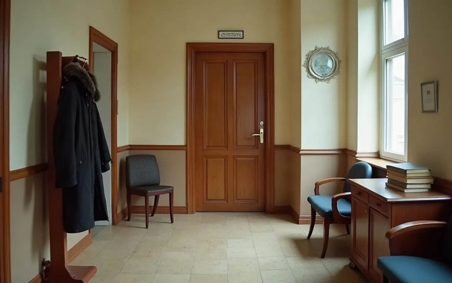 Wachtruimte met een houten dubbele deur, een kapstok met een jas, losse stoelen en een bureau met een stapel ingebonden boeken bij het raam.