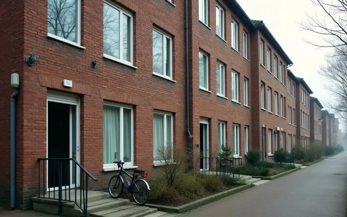 Rij bakstenen woonpanden met twee woonlagen en losse voordeuren met stoepjes aan een mistige straat