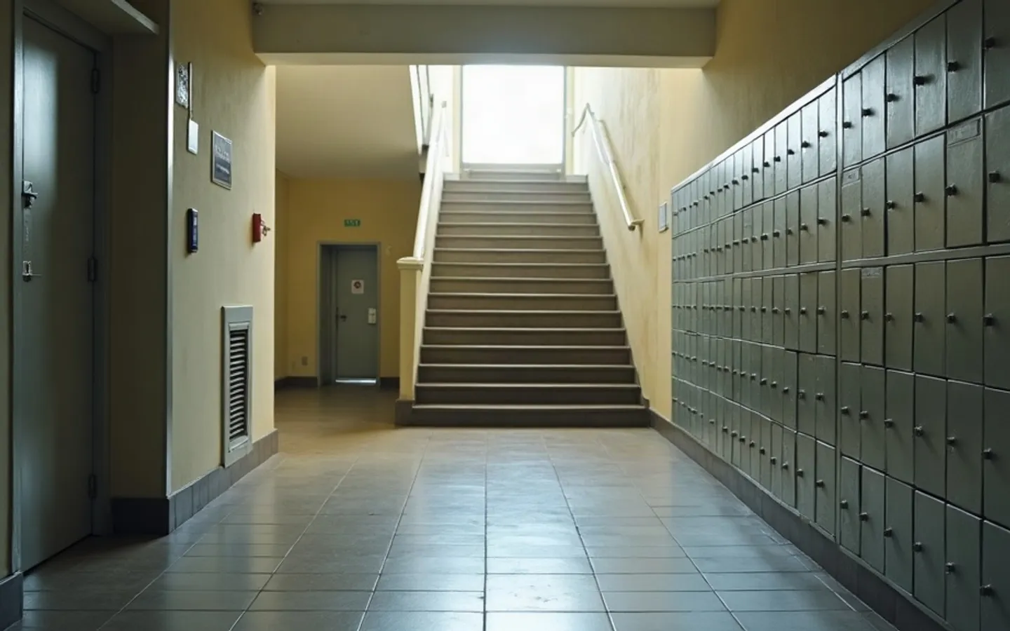 Lege entreehal van een appartementengebouw met een rij metalen brievenbussen, een tegelvloer en een trap naar boven in ochtendlicht.